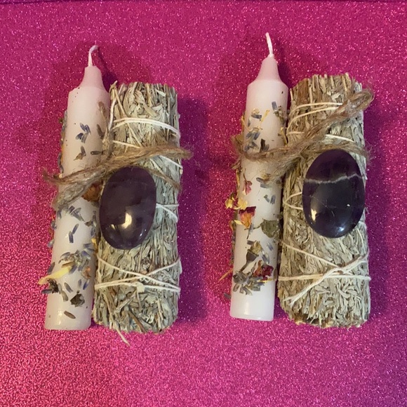 Bundle of sage stick with amethyst stone and anointed flower candle. - Picture 5 of 8